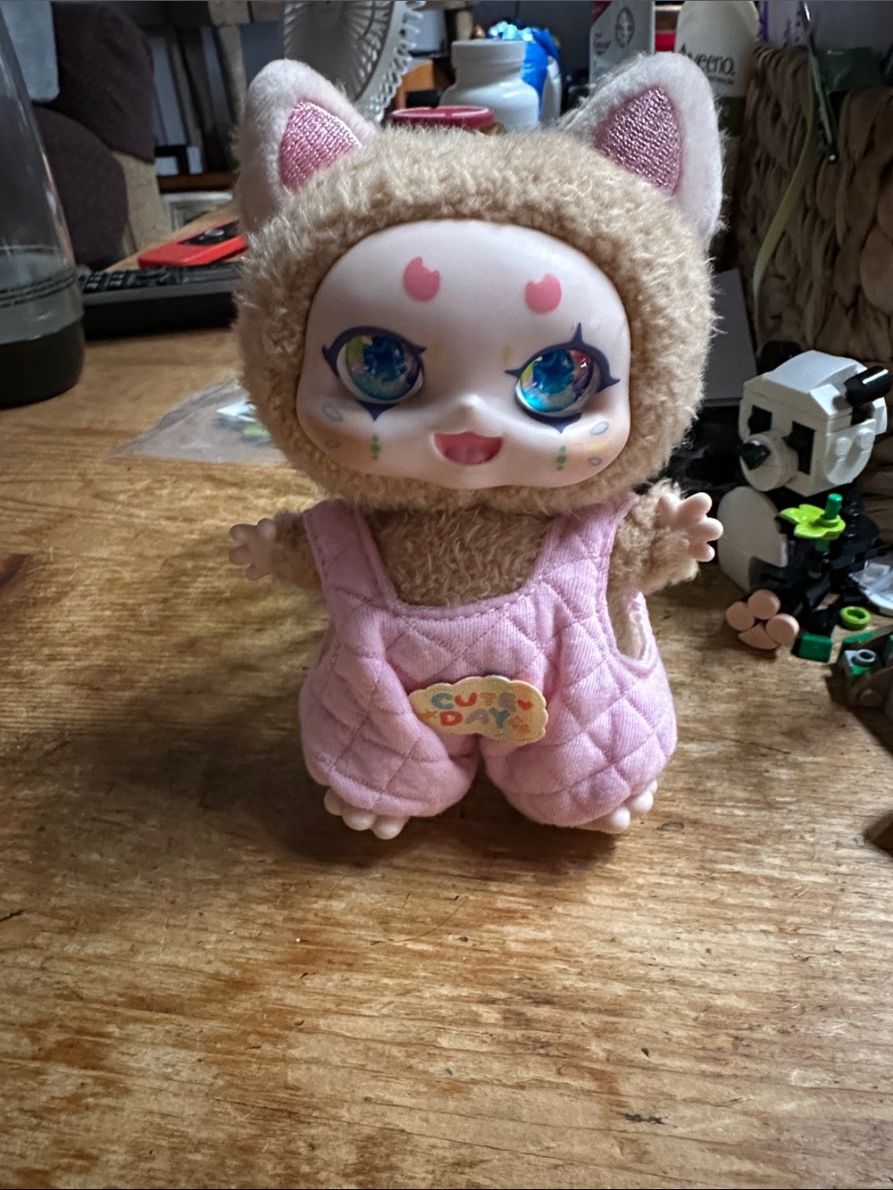 Sweet Dreams Tan Plush Cat Doll with Pink Overalls